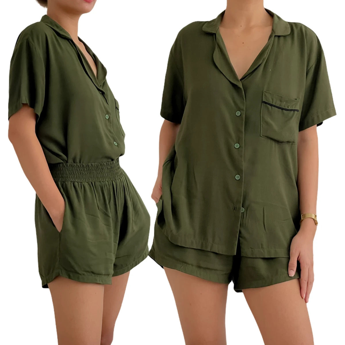 Button Down Short Set in Army Green